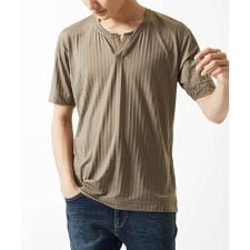 【接触冷感 / ひんやり】スキッパーネックTシャツ / チドリウエーブジャガード