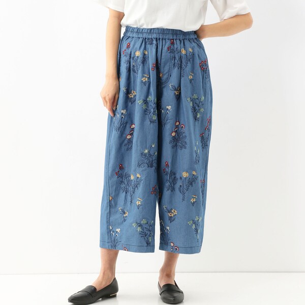 ライトオンスデニム ステッチ野花刺繍コクーンシルエットパンツ