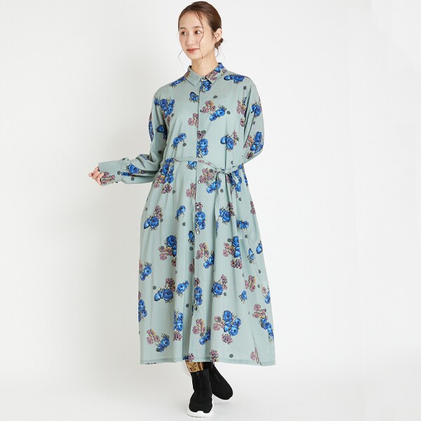 新品☆SUPER HAKKA☆レーヨンシャツワンピース コットンローンワッシャープランプフラワー刺繍半袖ワンピース