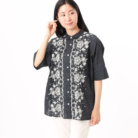 スカラップ柄レース コットンローンドットプリントドルマンシャツ  