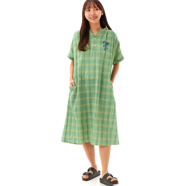 スーパーハッカ（SUPER HAKKA）/コットンボイルワッシャーチェック ステッチフラワーワンポイント刺繍フレンチスリーブワンピース コットンボイルワッシャーチェック ステッチフラワーワンポイント刺繍