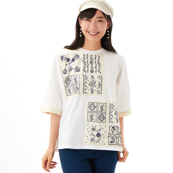 ホワイト 長袖シャツ 花柄刺繍チュニック スイス製】Tramo 刺繍 長袖