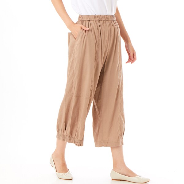 麻レーヨンスラブストレッチフラワーワンポイント刺繍コクーンパンツ