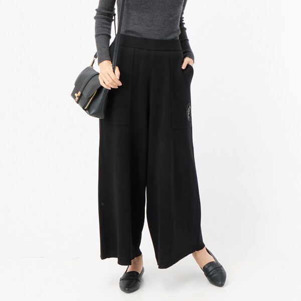 アクリルコットンミラノリブフラワーワンポイント刺繍ガウチョパンツ