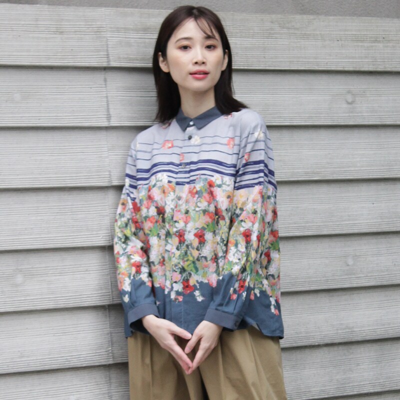 ブラウス シャツ SUPER　HAKKA×庄島歩音コットンシャーリング「Tiny　flowers」刺繍スタンドカラーブラウス レディース SUPER HAKKA ブラウス シャツ SUPER HAKKA×庄島歩音コットン