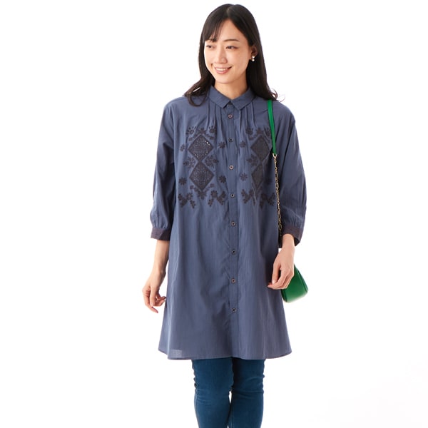 コットンローンワッシャースクエアフォレストボーラー刺繍チュニック