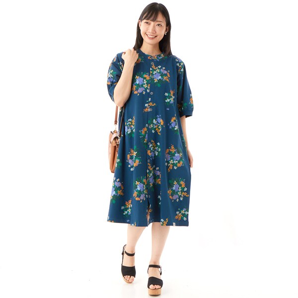 ミニ裏毛ロマンチックフラワープリント前開きワンピース | スーパー