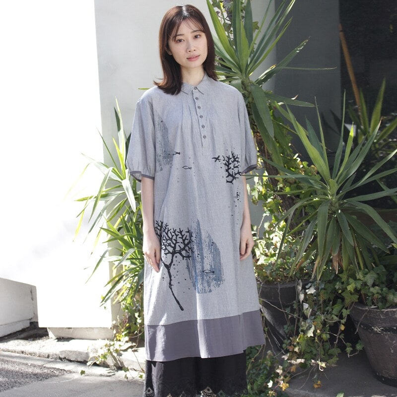 ドビーストライプ チューリップリボンレースワンピース（前開き