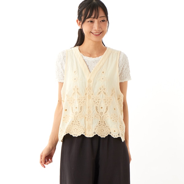 ベスト ジレ コットンローンフラワースカラップケミカルレースベストブラウス レディース SUPER HAKKA ベスト ジレ コットンローンフラワースカラップ