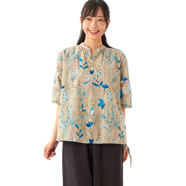 ブラウス シャツ SUPER　HAKKA×庄島歩音コットンシャーリング「Tiny　flowers」刺繍スタンドカラーブラウス レディース np9719-01_1.jpg