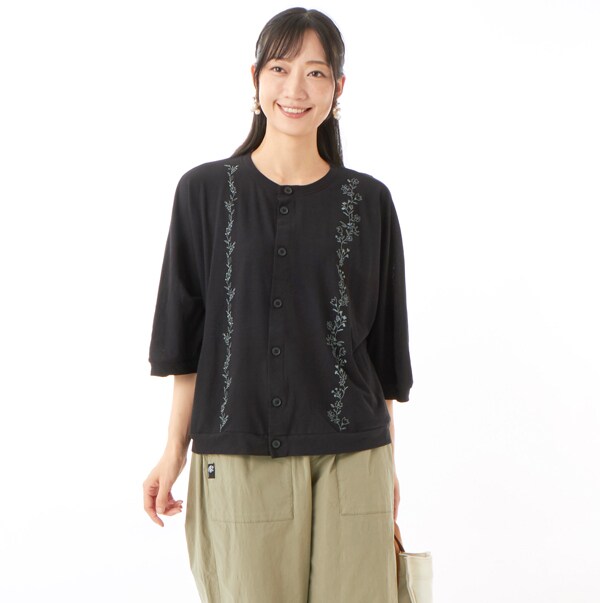 60/2天竺×ボイルコットンシフォンスプリングフラワー刺繍製品染めブラウスカーディガン SUPER HAKKA｜60/2天竺×ボイルコットンシフォンスプリング