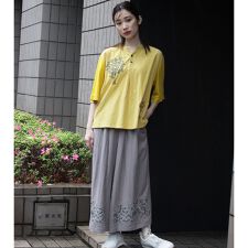 セルロース麻ペタルアレイ刺繍ワイドパンツ