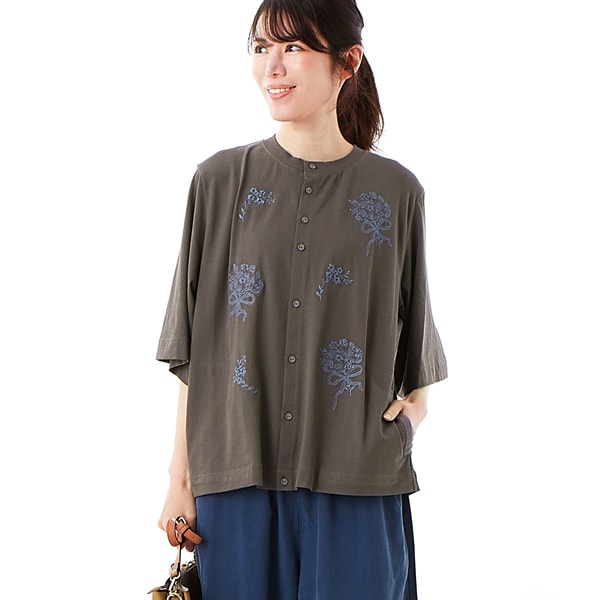 60/2天竺×ボイルコットンシフォンスプリングフラワー刺繍製品染めブラウスカーディガン SUPER HAKKA｜60/2天竺×ボイルコットンシフォンスプリング
