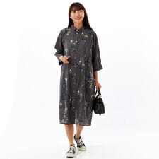 先染めチェックメニーランプ刺繍シャツワンピース(前開き)