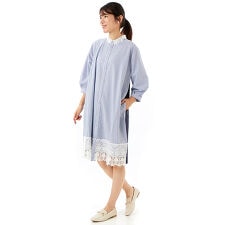 ワッシャーストライプ+ポピー柄ケミカルレースシャツワンピース(前開き)