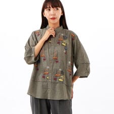 先染めチェックメニーランプ刺繍シャツブラウス