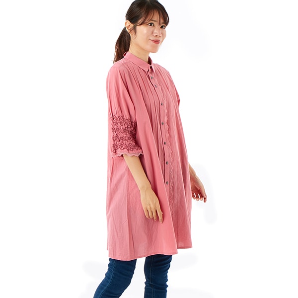 スーパーハッカ（SUPER HAKKA）/コットンローンワッシャー シャーリングフローラルライン刺繍チュニックブラウス コットンローンワッシャー シャーリングフローラルライン刺繍