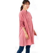 コットンローンワッシャー シャーリングフローラルライン刺繍チュニックブラウス