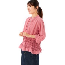 コットンローンワッシャー シャーリングフローラルライン刺繍ブラウス