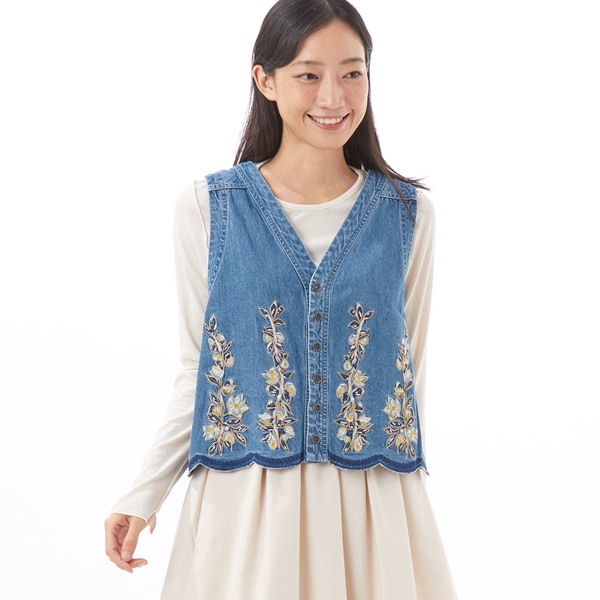 ライトオンスデニム スカラップブロッサムヴァイン刺繍デニムベスト