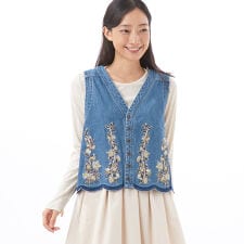 ライトオンスデニム スカラップブロッサムヴァイン刺繍デニムベスト