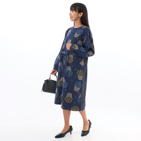 コットンポリエステル フラワーポットニットジャカードワンピース