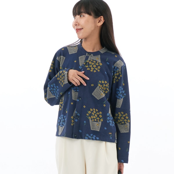 コットンポリエステル フラワーポットニットジャカードカーディガン