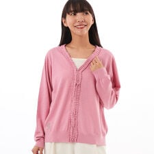 スーパーハッカ(SUPER HAKKA)のフラワーワンポイント刺繍コットンアクリルフリルタックニットカーディガン