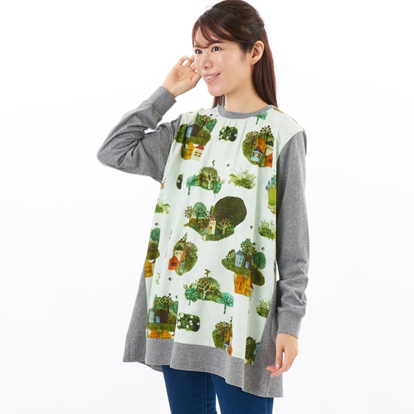 スーパーハッカ（SUPER HAKKA）/SUPER HAKKA×サクマ ユウコ 「ある日の森の街」/「この葉の青い鳥」プリントチュニック SUPER HAKKA×サクマ ユウコ ｢ある日の森の街｣/｢この葉の青い鳥