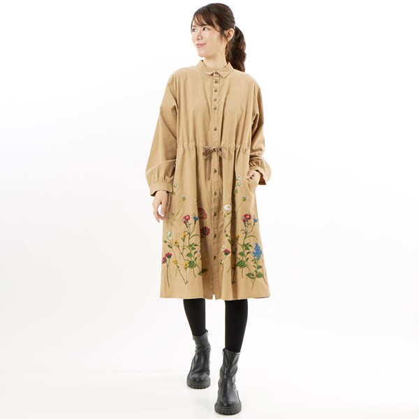 ソフトコーデュロイスタンディングフラワー刺繍シャツワンピース(前