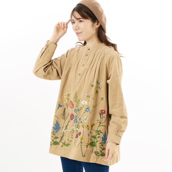 コットンビエラ先染めシャンブレービッグポピーブーケ刺繍チュニック
