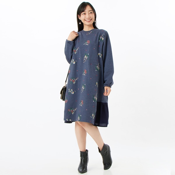裏毛裏起毛ドット&フラワー刺繍ワンピース | スーパーハッカ(SUPER