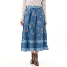 ライトオンスデニム ローズスケッチ刺繍スカート(裏地無し)