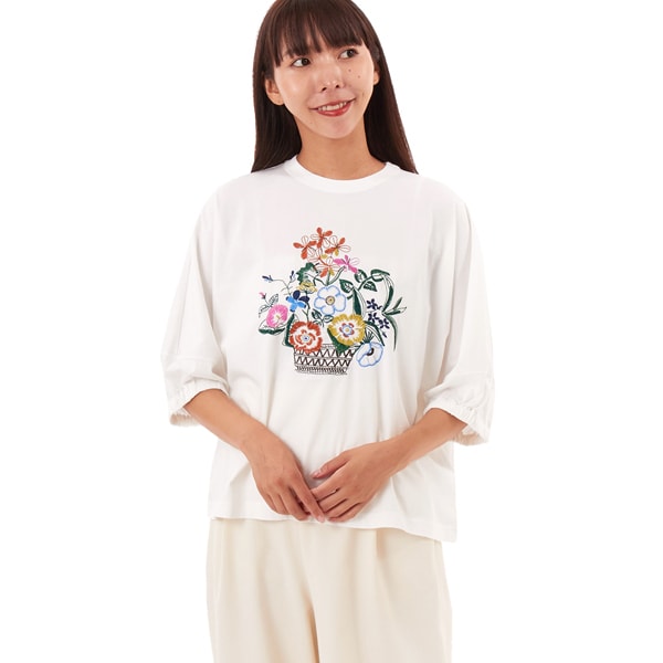 野花のバスケット刺繍ドルマンスリーブカットソー | スーパーハッカ