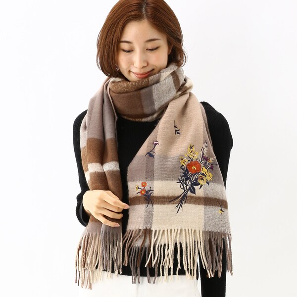 カインドフラワー刺しゅうチェック柄ストール | スーパーハッカ(SUPER