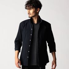 リバーシブルドビー ７分袖スタンドカラーシャツ
