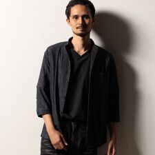 【RIELABO】カスレプリント ７分袖スタンドカラーシャツ