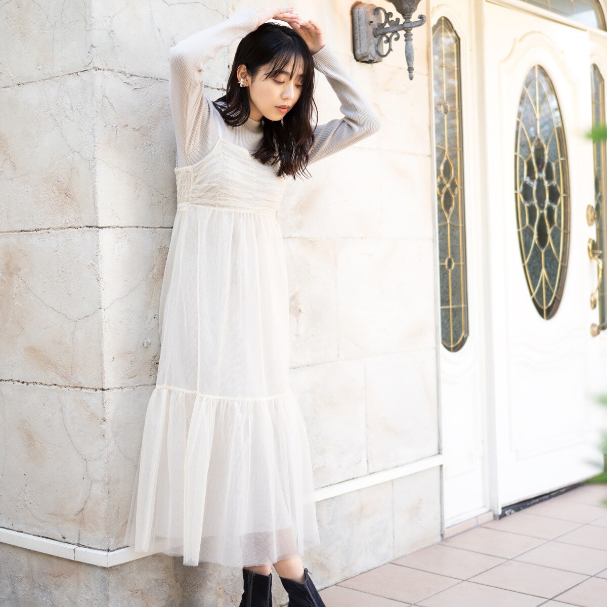 【くま子さん専用】オフショルfrillキャミワンピース、シュシュのセット くま子さん専用】オフショルfrillキャミワンピース、シュシュの
