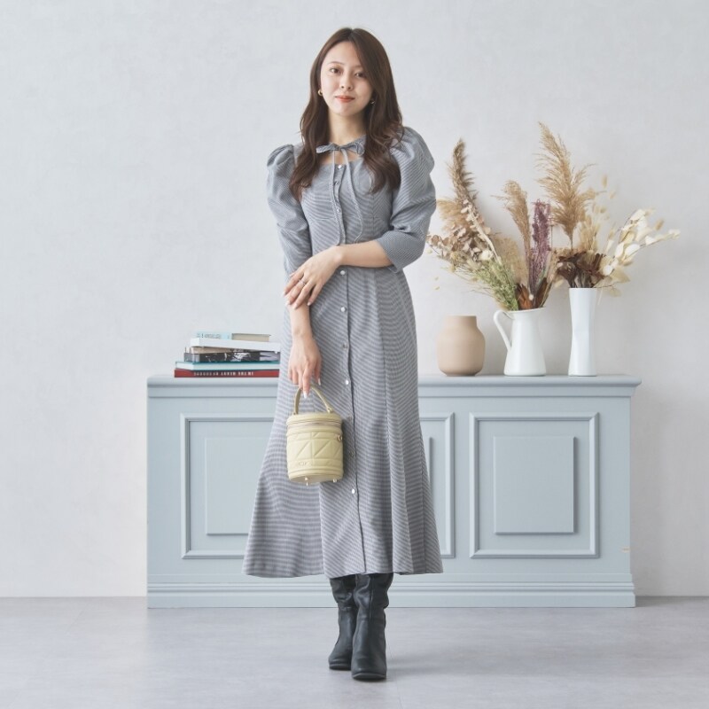 極美品✨ルネ 取外可チェック襟 サマーニット リボン刺繍 ティアード ワンピース 24秋冬新作】チドリチェックリボンワンピース/MM437404