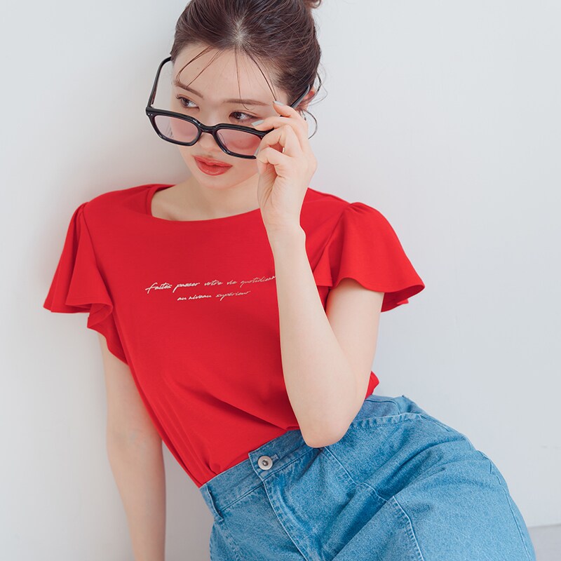 tシャツ 2025春夏新作 PEANUTSデザイン袖フレアTシャツ レディース 2025春夏新作 箔プリントフレア袖Tシャツ | ミッシュマッシュ