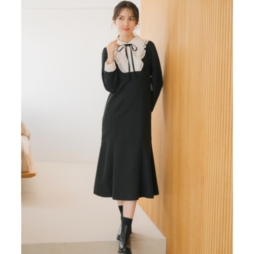 ミッシュマッシュ（MISCH MASCH）/2025秋冬新作 襟付きラッフルコンビマーメイドワンピース 2025秋冬新作 襟付きラッフルコンビマーメイドワンピース | ミッシュ