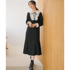 2025秋冬新作 襟付きラッフルコンビマーメイドワンピース