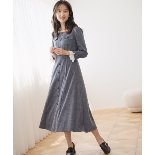 2025秋冬新作 フロント釦ツイード風フレアワンピース | ミッシュ