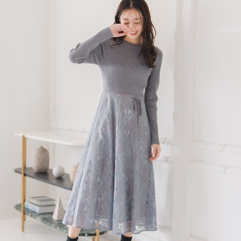 2025秋冬新作 ラメレースニットドッキングワンピース | ミッシュ