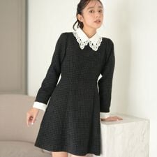 2025秋冬新作 レース襟付きツイードミニワンピース