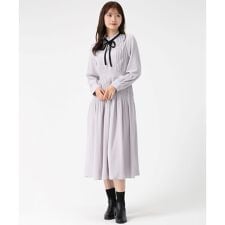2025秋冬新作 配色リボンプリーツシフォンワンピース