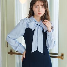 2026春夏新作 タイ付きシャツドッキングニットワンピース