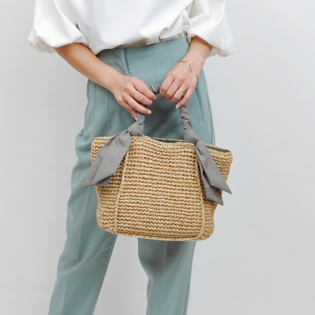 カシュカシュ Cachecache 下がりリボンペーパー手編みトートバッグ カシュカシュ かごバッグ