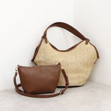 カシュカシュ cachecache / フェイクレザーショルダーバッグ付雑材風トート