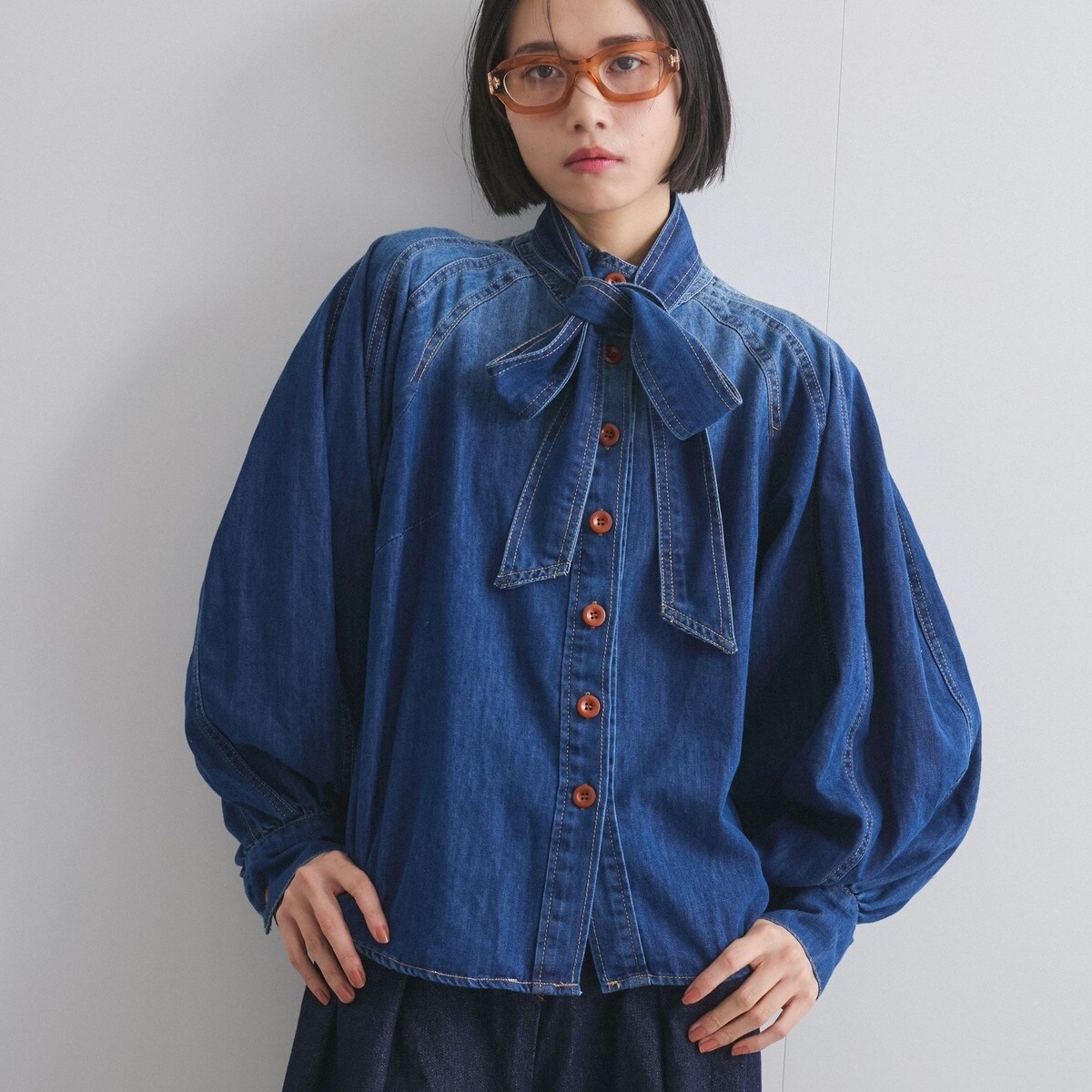 ENIM BY VICKY】2wayボウタイリボンデニムシャツ≪洗濯機で洗える